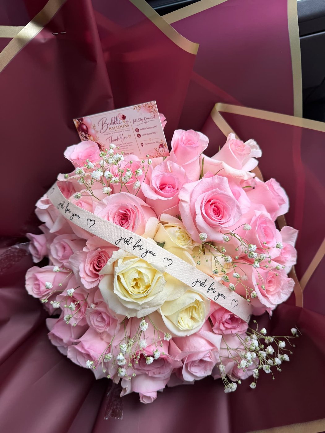 Pink and white rose bouquet by Bubble Balloons PEI